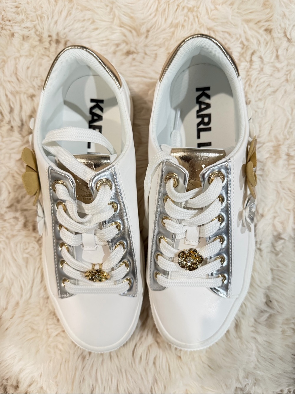 Karl Lagerfeld White Sneakers with Gold and Silver Floral Accents - Picture 3 of 7